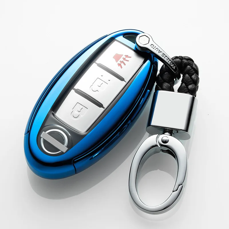 blue with keychain1 ТПУ чехол для ключей для Nissan Maxima Altima Teana Tiida Sylphy Sunny X-Trail 3 кнопки умный ключ держатель оболочки брелок автомобильный брелок - Название цвета: blue with keychain1