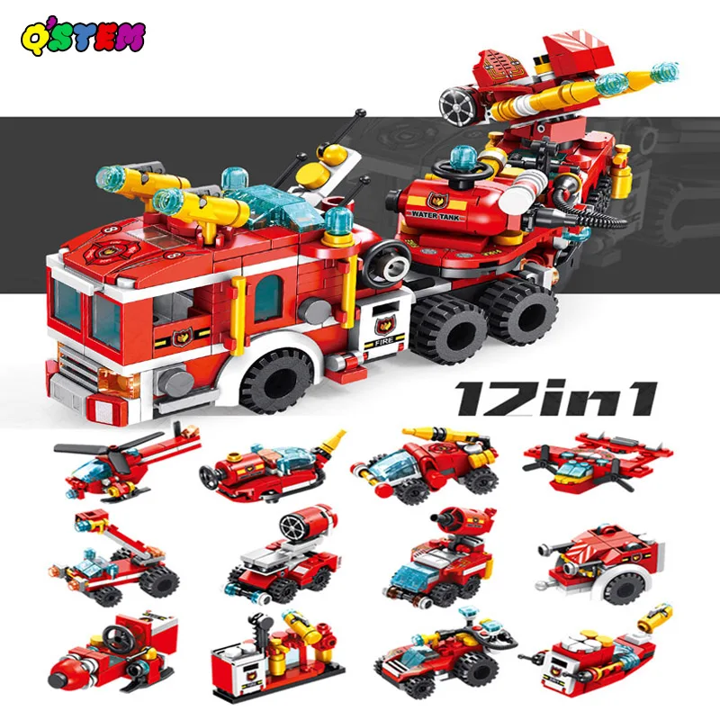 670 шт. 12in1 пожарных автомобилей строительные блоки город двигателя вертолет