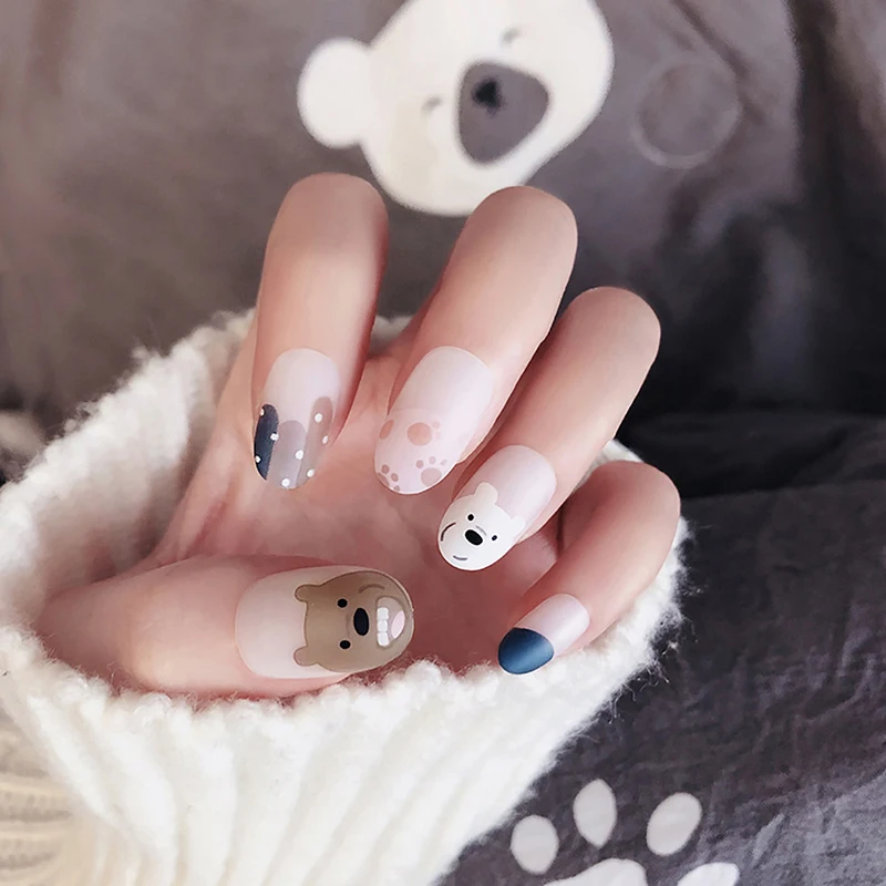 

Full Cover Medium Length Round Head Fake Press On Nails Cute Bear Shape Yellow Egg False Nails For Girls With Glue