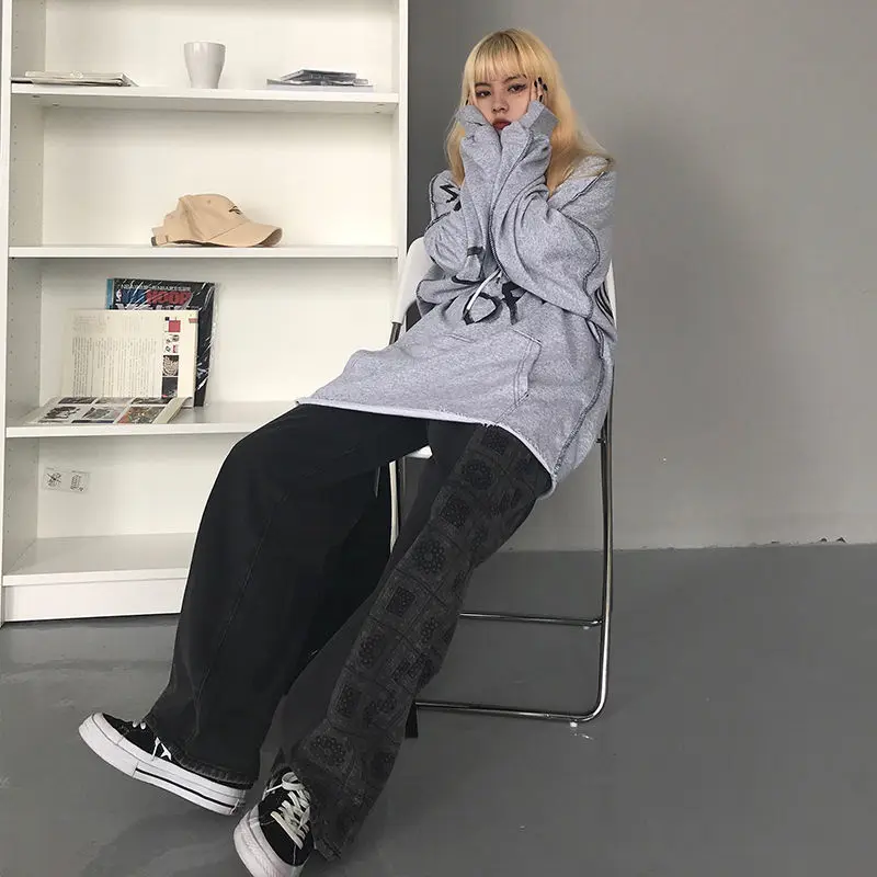 

Spring 2021 new Korean ins cashew flower splicing straight tube high waist slim women's versatile wide leg floor pants