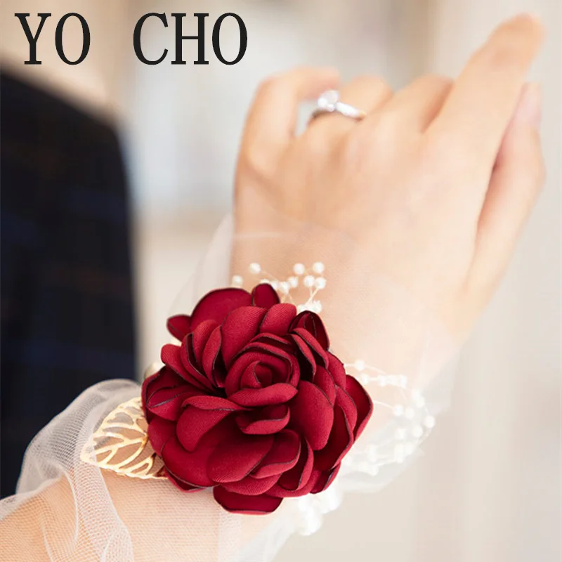 

YO CHO Wrist Corsage Wedding Bracelet for Bridesmaid Burgundy Silk Wrist Corsage Bridesmaid Sisters Hand Flowers Men Boutonniere