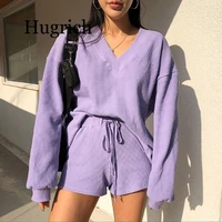 2020 summer knitted two piece set women v neck lantern sleeve sweater lace up bowknot shorts suits female