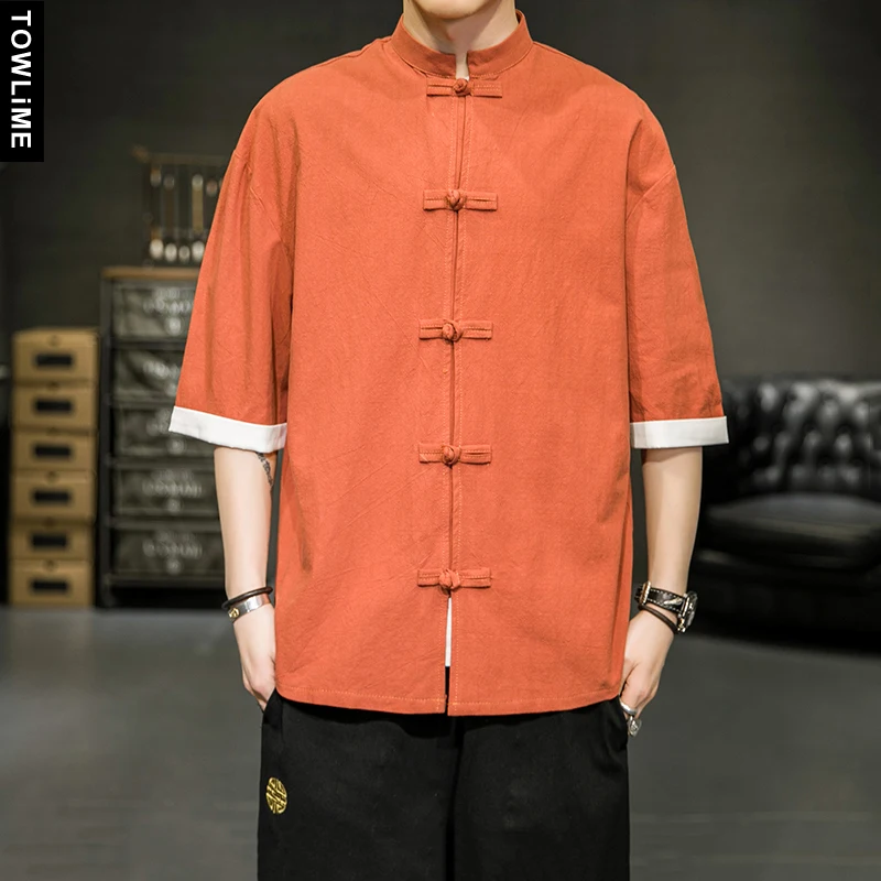 

Plus Size Chinese Style Button Short Sleeve Shirt For Men Summer 2021 Solid Kungfu Cotton And Hemp Stand Collar Outwear Tops