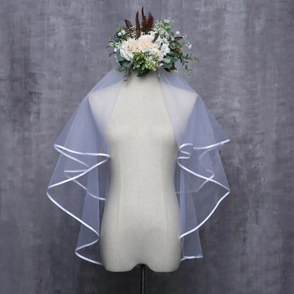 2 Layers Wedding Veil Ribbon Edge White Ivory Tulle Bridal Two Tiers with Comb Fancy Bride Short | Свадьбы и торжества