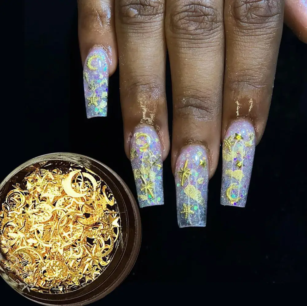 

Moon Stars Nail Art Sequins Mixed Metal Stud Decorations Gold 3D Slice Tips Acrylic Manicure Accessory