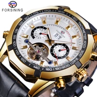 forsining fashion mechanical wristwatch top brand automatic mens watch calendar luminous black leather strap golden dial clocks