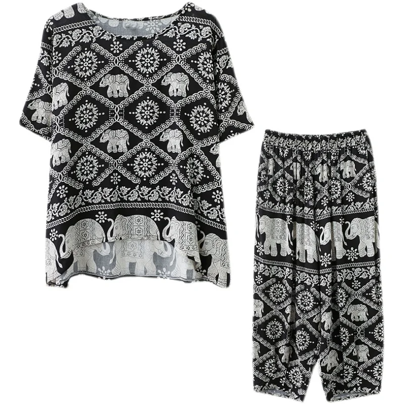 

Two-piece Set Cottonlinen Summer Fashion Suit Female Printed Round Neck Short-sleeved T-shirt Elastic Waist Cropped Pants Women
