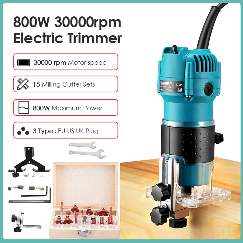 

800W 30000rpm Woodworking Electric Wood Trimmer Compact Router Tool Kit with 15 Milling Cutter Sets 1/4" Router Bits 110V 220V