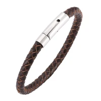 retro men jewelry brown braided leather bracelet male stainless steel snap clasp leather bangle fashion woven wristband sp0238