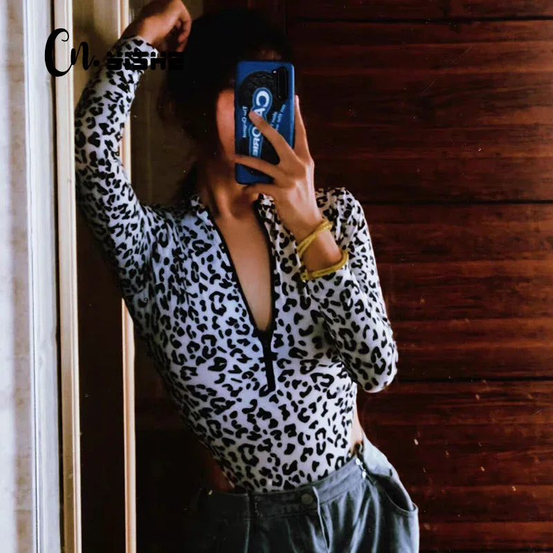 

CNYISHE 2021 Spring Sexy Women Leopard Bodysuit High Cut Clubwear Bodycon Jumpsuits Women Rompers Zippers Tops Overalls Female