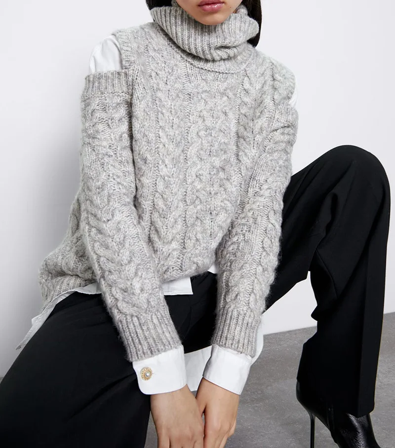 ZA зимние женские серые свитера с открытыми плечами модный тонкий вязаный зимний