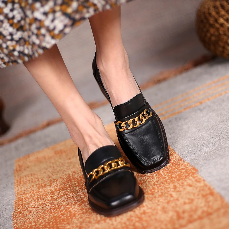 

VERCONAS Spring Women Pumps Thick Heels Retro Concise Metal Chain Casual Working Basic Genuine Leather Shoes Woman Square Toe