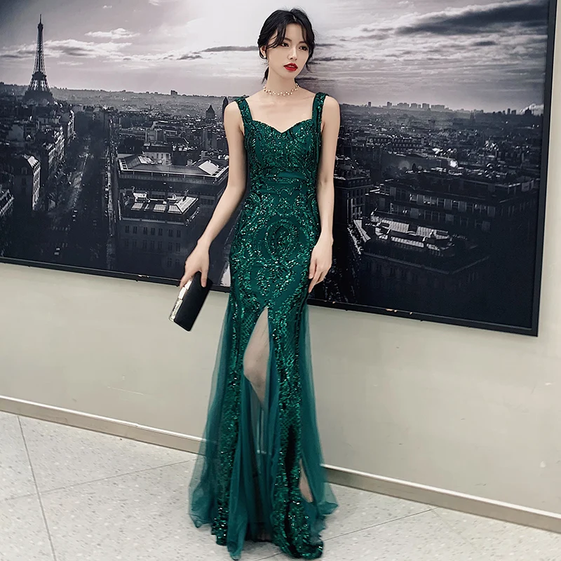 

Evening Dresses Women 2021 New V-Neck Spaghetti Strap Slim Split Mermaid Dress French Style Elegant Sequin Long Evening Gowns