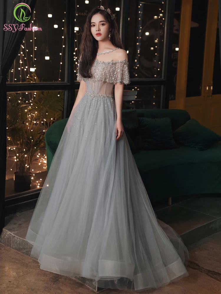 

SSYFashion New Luxury Long Evening Dress Grey Blue A-line Sequins Beading Banquet Elegant Prom Formal Gown Vestidos De Noche