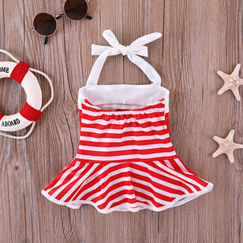 Baby Girl New Design Swimsuit Children Red&ampWhite Striped Bow Kid Vacation One-piece Cute Fashion Swimwear Bathing Suit | Мать и