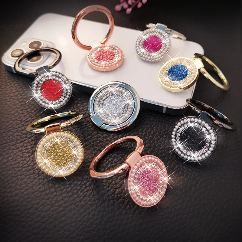 

Rhinestone Pearl Glitter Bracket Glitter Sequin Finger Ring Holder for For iPhone Redmi Round Phone Table Holder Rotation Stand