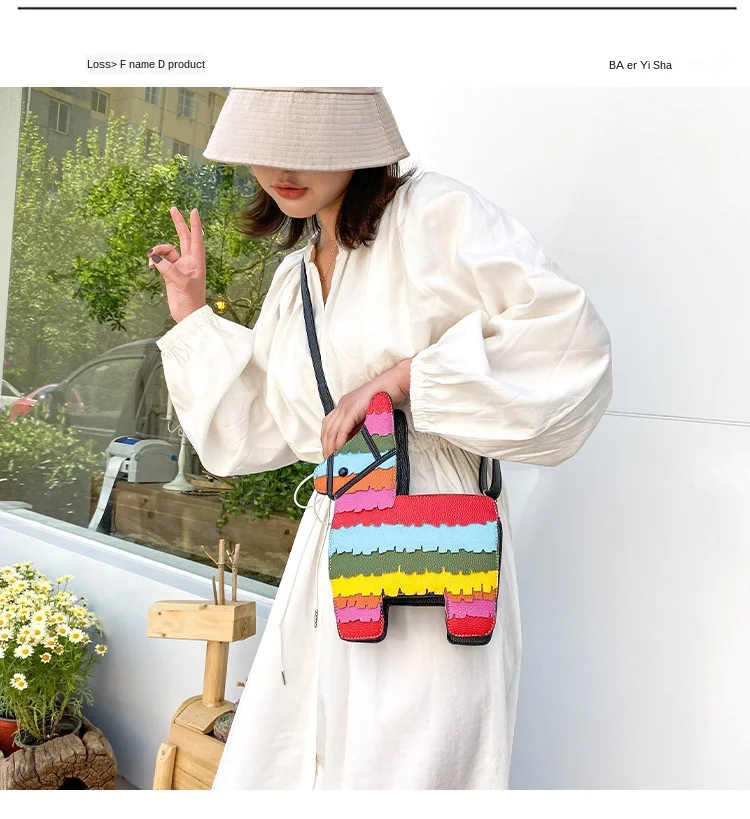 

Creative color contrast cute cartoon rainbow color weird bag splicing pu pony messenger bag shoulder bag