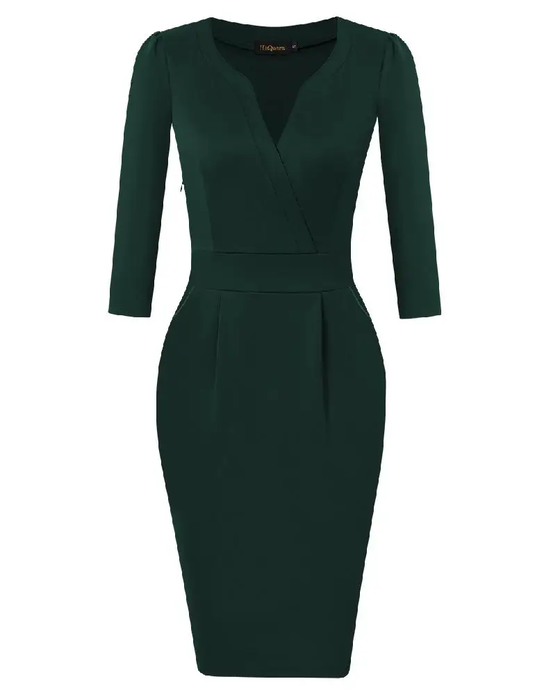 

MISSKY Women Dress Three Quarter Sleeve Vintage V-neck Office Work Business Party Bodycon Pencil Dress For Female
