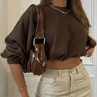 2021 new women%e2%80%99s casual long sleeved sweater fashion solid color loose exposed navel sweatshirt