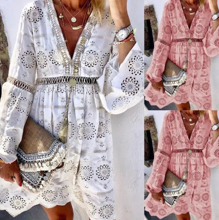 

Новое поступление, модное женское летнее платье с V-образным вырезом, длинным рукавом, в стиле пэчворк, с кружевом, горячая распродажа, сексу...