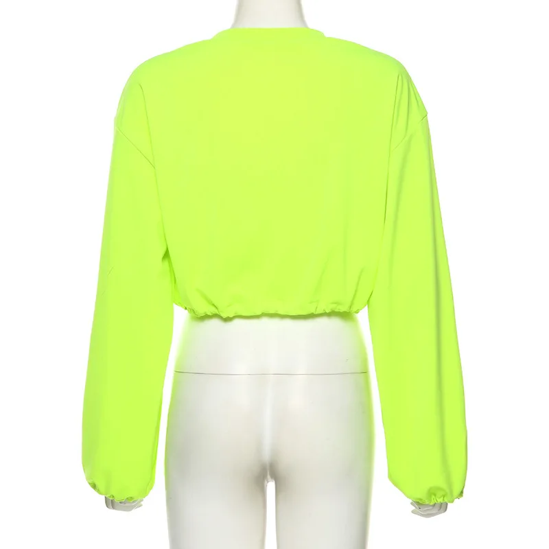 

ALLNeon Harajuku Drawstring Neon Green Crop Tops Y2K Streetwear Crew Neck Long Sleeve Sweatshirts 90s Fashion Thin Loose Pulls