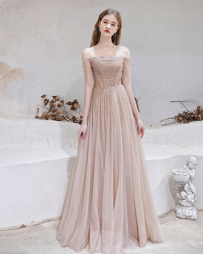 formal evening gowns Gorgeous Evening Dresses 2021 Nude Pink Sexy Off Shoulder Beaded Beading Sequined Long Sleeve Formal Gown formal evening gowns