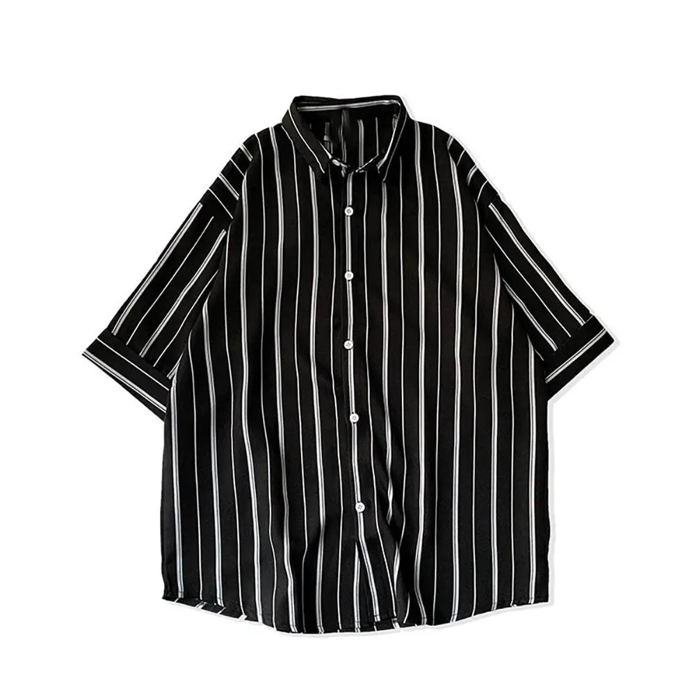 

Fashion Striped Short Sleeves Turn-down Collar Drop-Shoulder Men Loose Top Shirt Men's Clothing