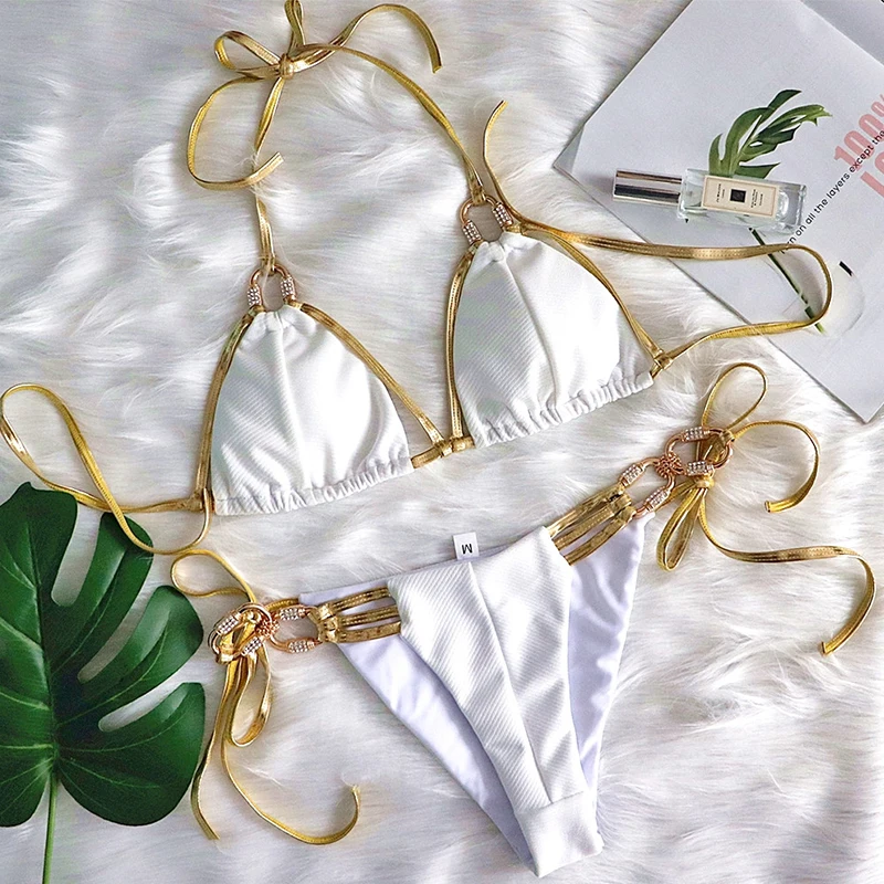 

Brazilian Triangle Bikini 2021 Ribbed Swimsuit Female Halter Diamond Swimwear Women High Cut Bathing Suit Bandage Biquini New