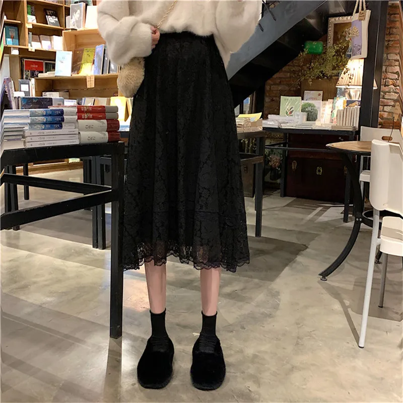 

High Elastic Waist White Black Blue Elegant Long Style Umbrella Lace Crochet Mid Skirt For Women Saias Faldas