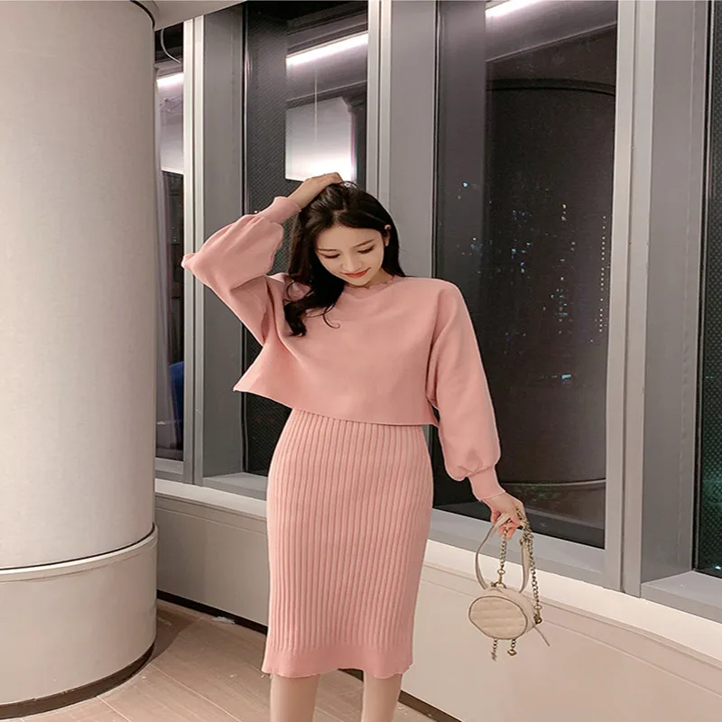 Женский трикотажный костюм-двойка Однотонный свитер и платье на бретельках