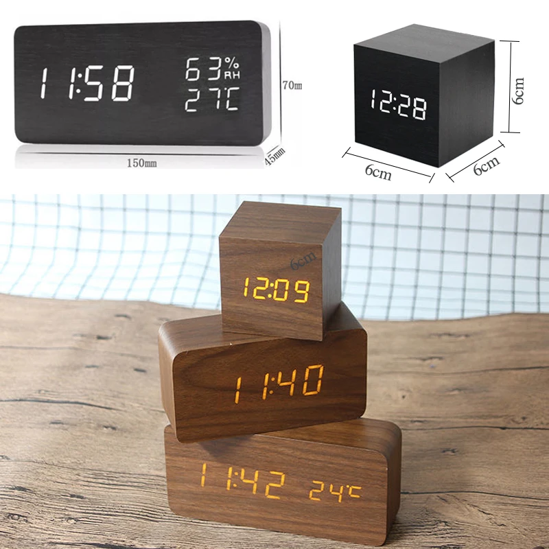 

LED Wooden Alarm Clock Watch Table Voice Control Wake Up Light Digital Wood Clock Alarm USB/AAA Powered Clocks Table Home Decor