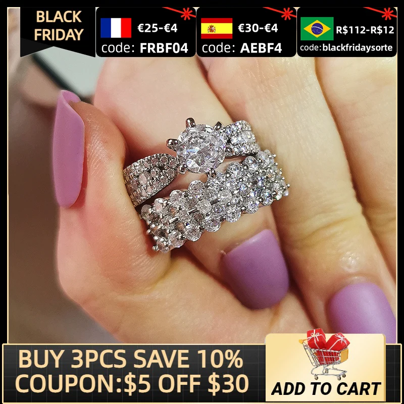 

Original 925 Sterling Silver Wedding Rings Set Band Ring For Women Engagement Bridal Fashion Jewelry Finger Black Friday R6006