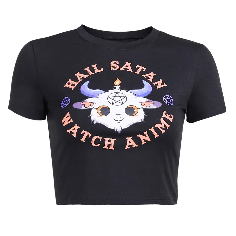 

AltGirl Gothic Punk Goat Print T-shirt Women Mall Goth Y2k Vintage Letter Short Sleeve Baby Tee Top Harajuku Kawaii Emo Crop Top