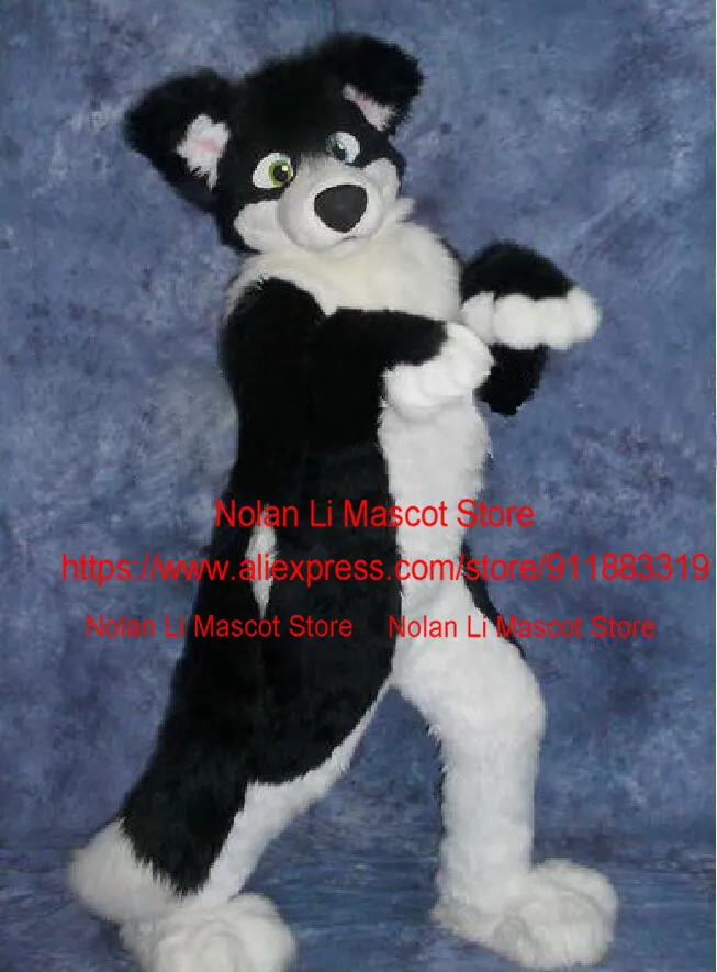 Высококачественный длинный пушистый костюм черного и белого цвета хаски лисы