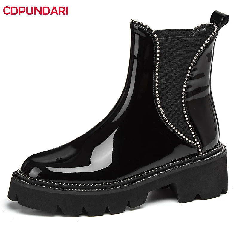 

Ladies Black Genuine Leather High Heels Platform Ankle Boots Women Autumn Winter Chelsea Short Boots Shoes Bottes Plateforme