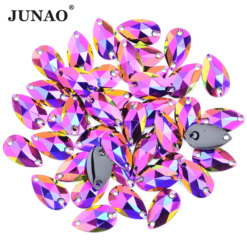 

JUNAO 17x28mm Amethyst AB High Quality Sewing Crystal Drop Flatback Rhinestones Resin Strass Sew On Stones for Clothes Jewelry