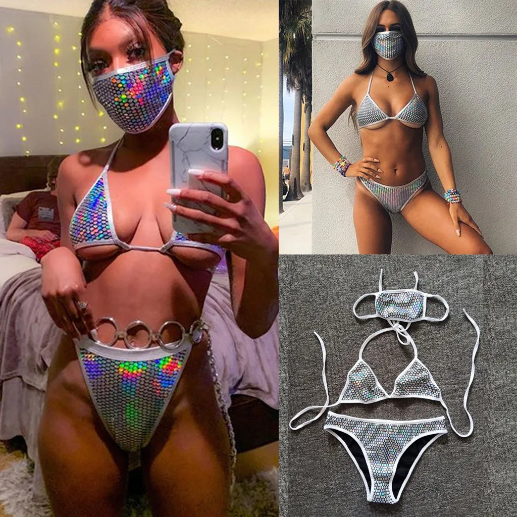 Модный комплект бикини в стиле рок блестящий женский купальник панк лоскутный