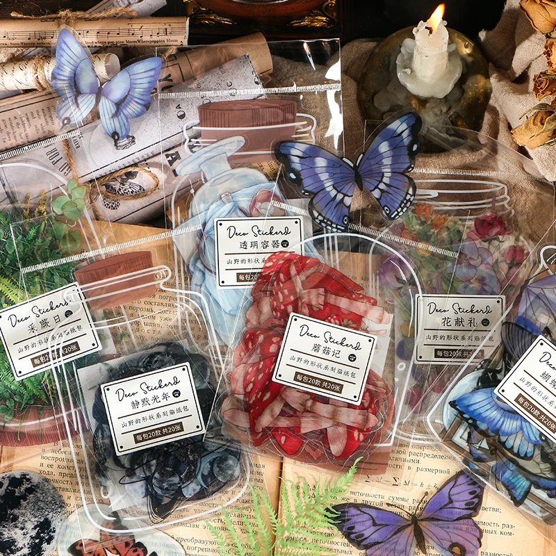 

SaYing 20pcs Butterfly Natural Daisy Clover Cute Japanese Sticker Transparent PET Material Flowers Leaves Plants Deco Stickers