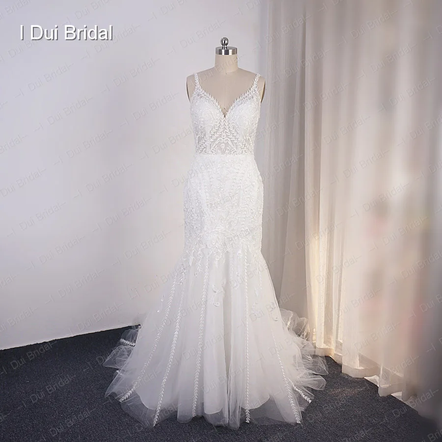 V Neck Mermaid Wedding Dress Lace Appliqued New Factory Custom Made Bridal Gown