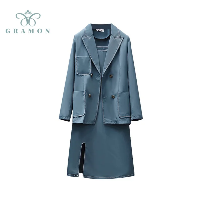 

Oversize Outfits Blazer Women's Vintage Elegant Office Lady Two Piece Set Jacket Long Suspender Dress Suit Fashion Female Autumn