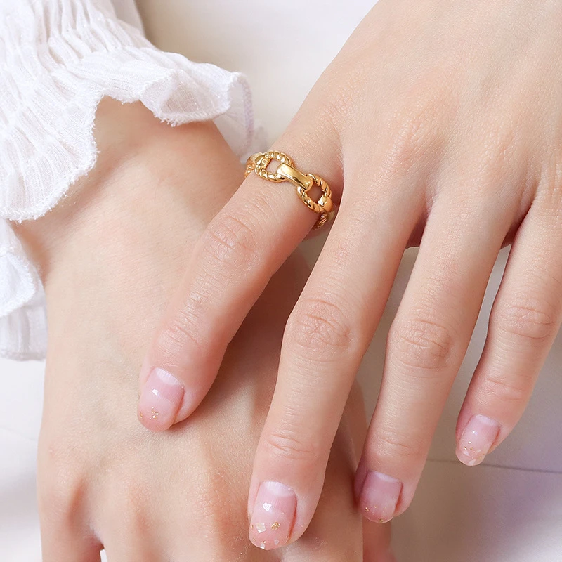 

Korean Style Gold Color Stainless Steel Jewelry For Women Adjustable Size Fashion Hollow Out Chain Open Rings Men Birthday Gift