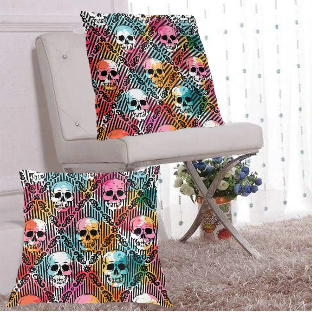 

Colorful Skull Pillow Case Polyester Throw Pillow Case Decorative Pillowcases Cover