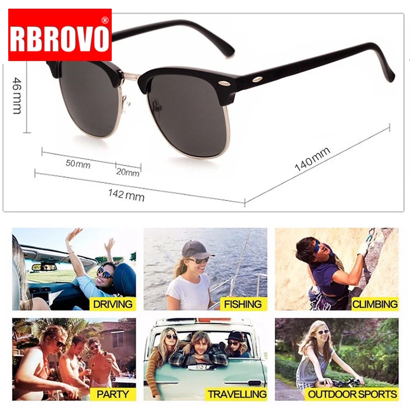 

RBROVO 2021 Semi-Rimless Brand Designer Sunglasses Women/Men Polarized UV400 Classic Oculos De Sol Gafas Retro Eyeglasses