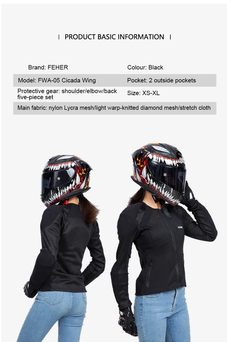 

Women Motorcycle Jacket Summer Breathable Mesh Armor Coat With CE Protection Pads Motorbike Cycling Jacket Moto Stretch Cloth