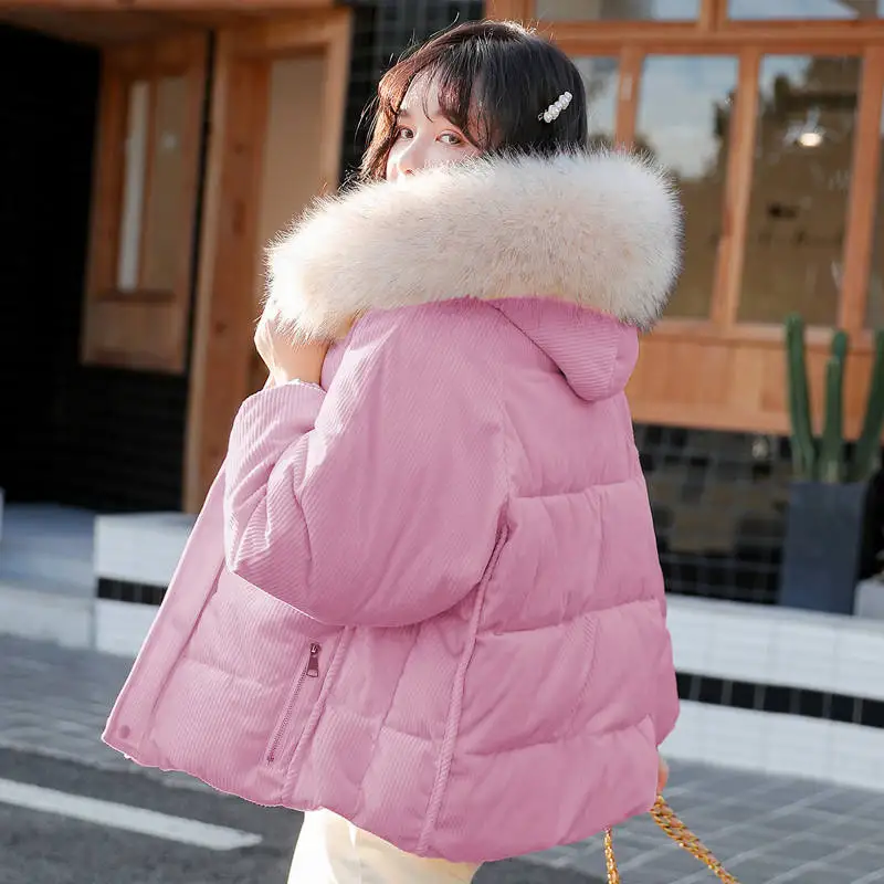 Розовая Милая Вельветовая парка женская зимняя куртка с капюшоном и меховым