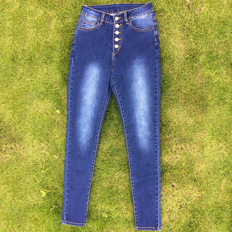 women solid long jeans oversized 2021 autumn elastic skinny pencil pants high waist button fly demin with pockets vaqueros mujer | Женская