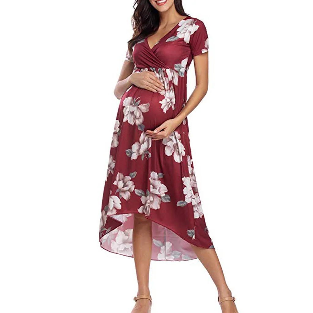 

Women Maternity Long Dress with Adjustable Belt V Neck Pregnancy Dresses Summer Short Sleeve Casual Dress