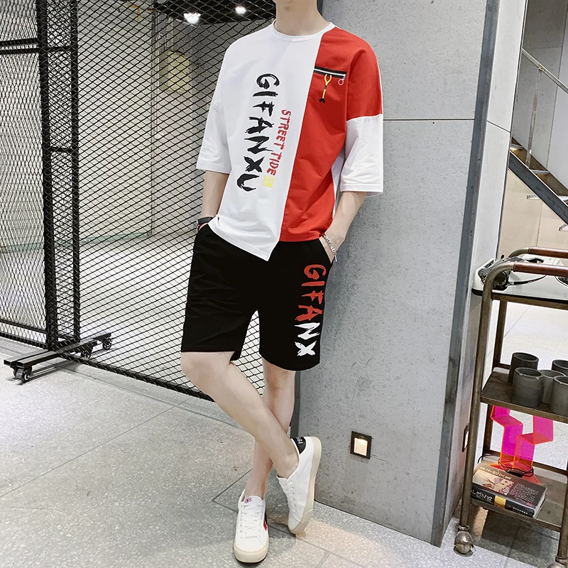 

Pop Fashion Summer Casual Suit Men Cotton (Shorts + T-shirt) 2 Sets Men High Quality Loose Half Sleeve Sports Suit