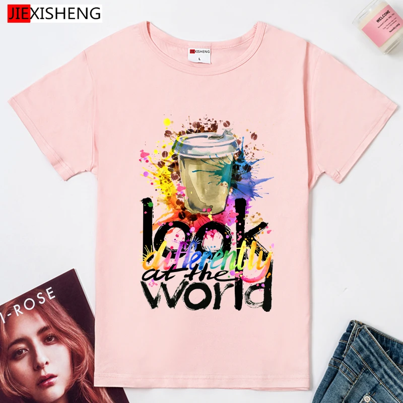 Новейшая модная женская футболка с принтом разноцветных кофейных чашек забавная