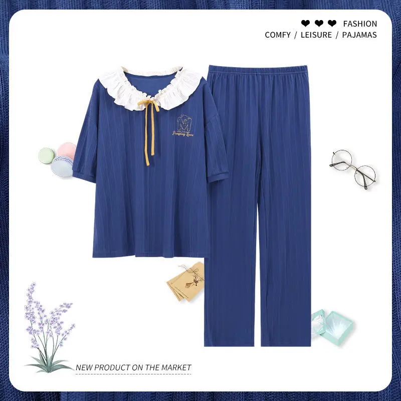 

Summer Pajamas Women Loose 2021 New Short-sleeved Trousers Suit Spring and Autumn Models Can Be Worn Outside Home Clothes